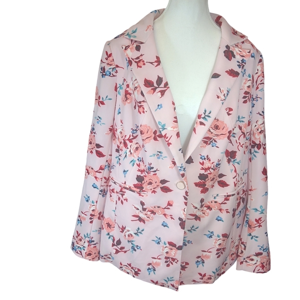 LANE BRYANT Pink Floral Blazer Jacket Coat Crepe Red White Green Sz 14 Plus